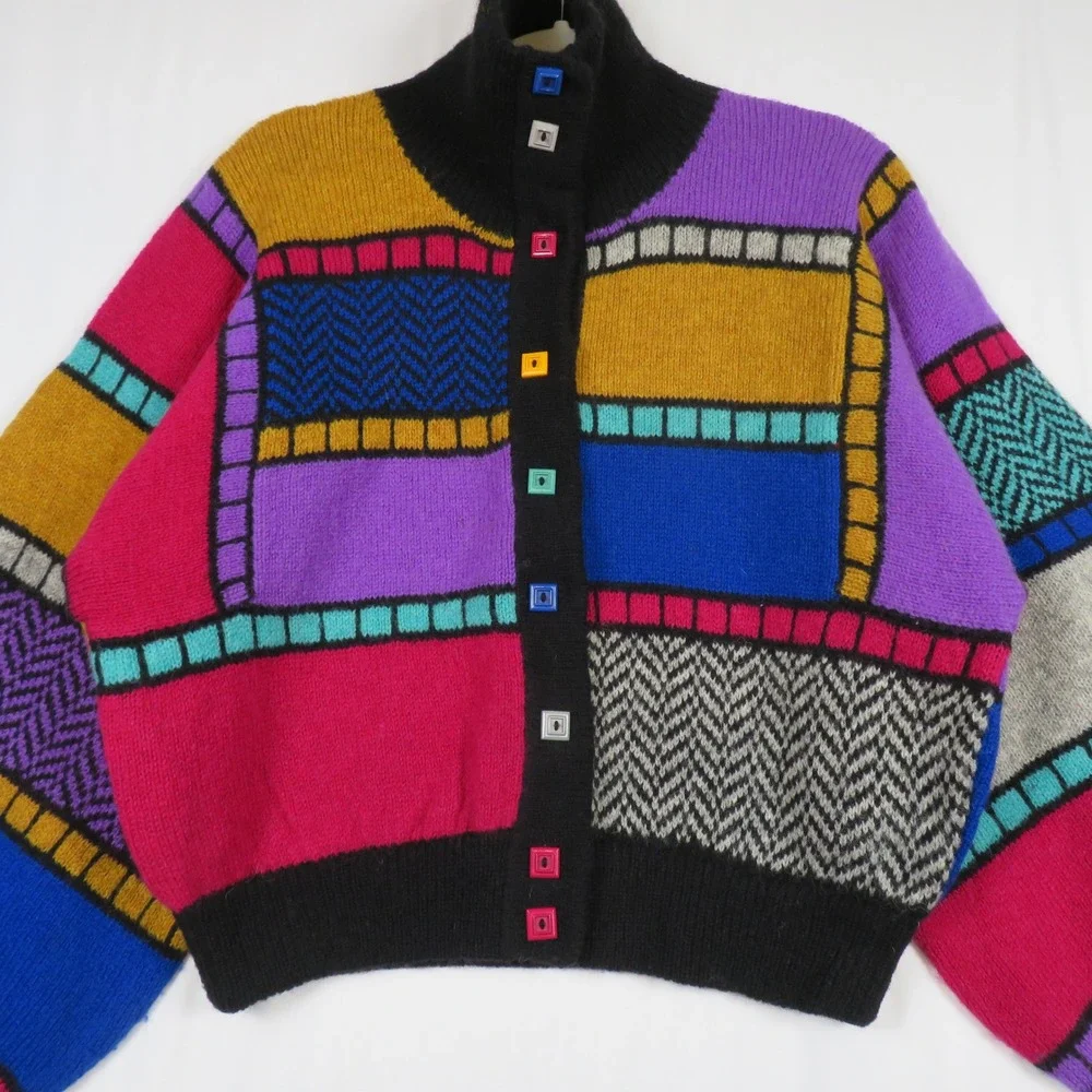 Kotki Dwa Scotland Wool‎ Patchwork Cardigan Sweater Colorful Knit Handmade Small